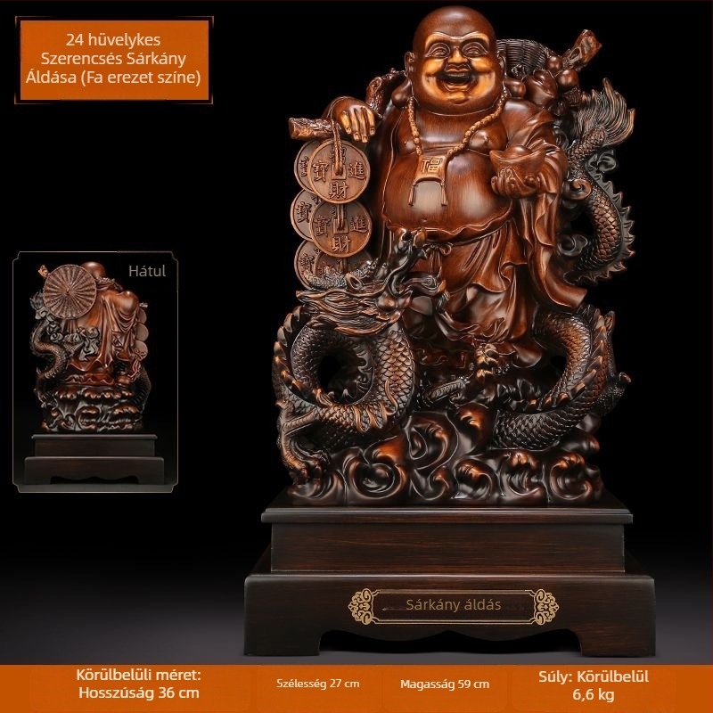 Arany Maitreya Buddha szobor a Bőség Istennel, sárkányteknős motívummal, mosolygós nagy pocakú Buddha a nappalira