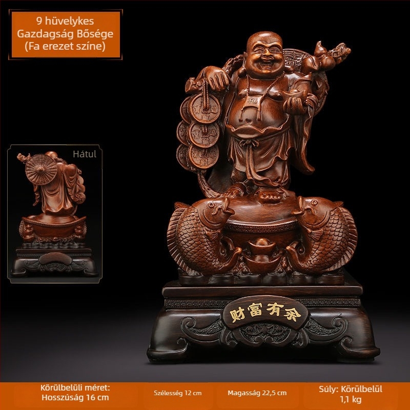 Arany Maitreya Buddha szobor a Bőség Istennel, sárkányteknős motívummal, mosolygós nagy pocakú Buddha a nappalira
