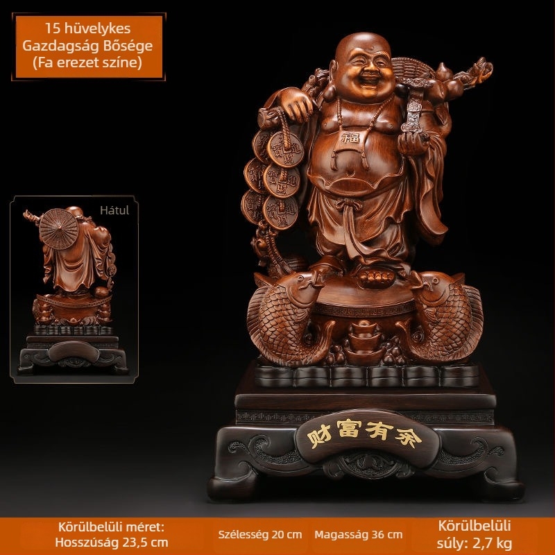 Arany Maitreya Buddha szobor a Bőség Istennel, sárkányteknős motívummal, mosolygós nagy pocakú Buddha a nappalira