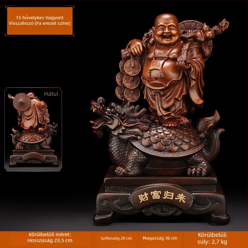 Arany Maitreya Buddha szobor a Bőség Istennel, sárkányteknős motívummal, mosolygós nagy pocakú Buddha a nappalira