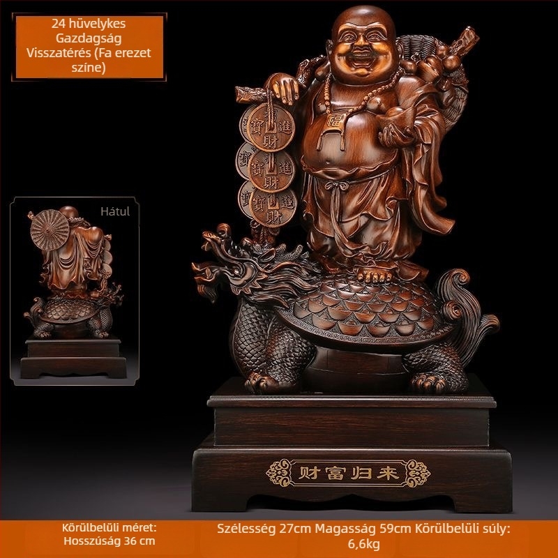 Arany Maitreya Buddha szobor a Bőség Istennel, sárkányteknős motívummal, mosolygós nagy pocakú Buddha a nappalira