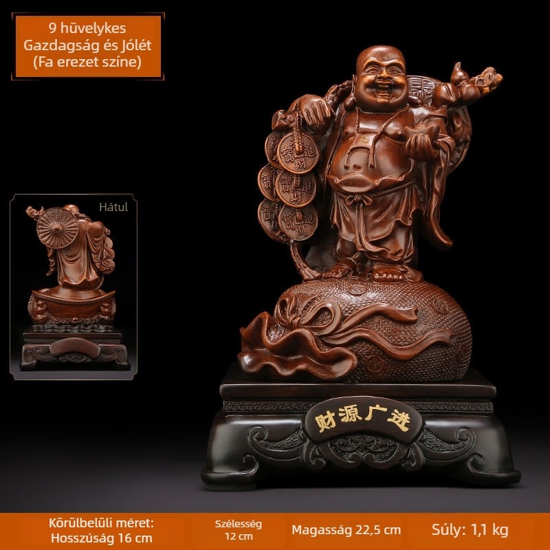 Arany Maitreya Buddha szobor a Bőség Istennel, sárkányteknős motívummal, mosolygós nagy pocakú Buddha a nappalira