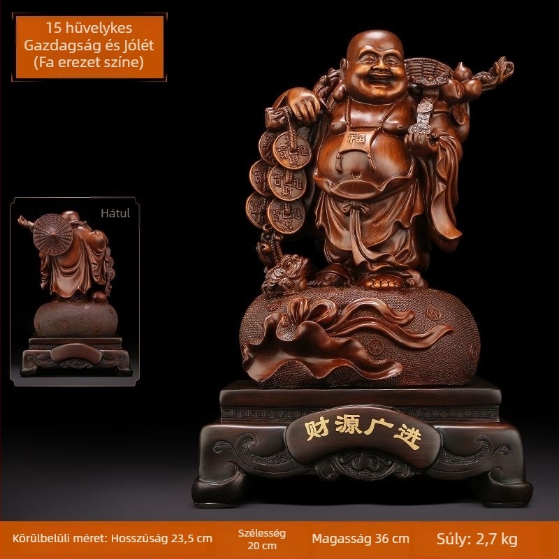Arany Maitreya Buddha szobor a Bőség Istennel, sárkányteknős motívummal, mosolygós nagy pocakú Buddha a nappalira