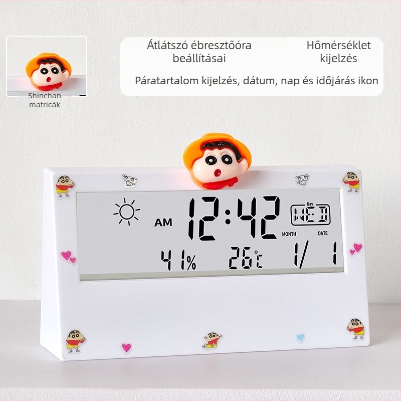 Áttetsző, kétoldalas ébresztőóra diákoknak hőmérővel, sötétben világító kijelzővel, időjárás-előrejelzéssel és heti kijelzéssel – asztali ébresztőóra