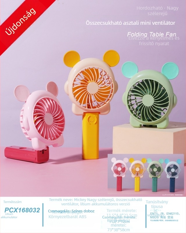 Mini USB-s újratölthető kézi ventilátor beépített akkumulátorral, 4 lapáttal, halk és kompakt