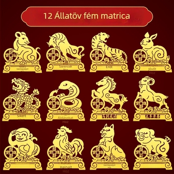 Fém Zodiákus matricák — 12 állatjel motívumokkal: sárkány, ökör, disznó, kígyó a telefon díszítéséhez