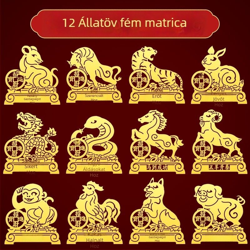 Fém Zodiákus matricák — 12 állatjel motívumokkal: sárkány, ökör, disznó, kígyó a telefon díszítéséhez