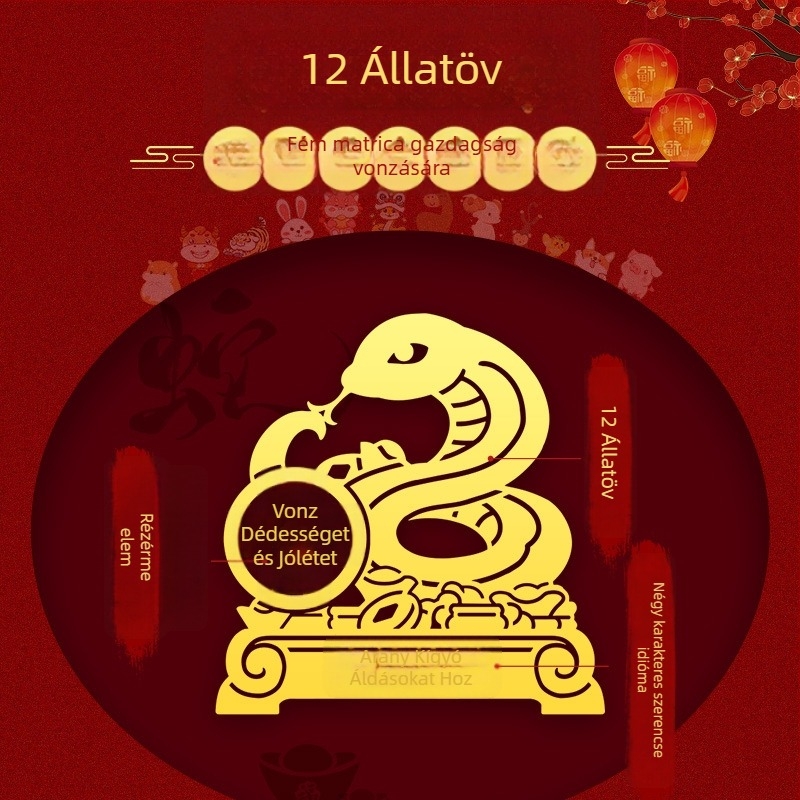 Fém Zodiákus matricák — 12 állatjel motívumokkal: sárkány, ökör, disznó, kígyó a telefon díszítéséhez