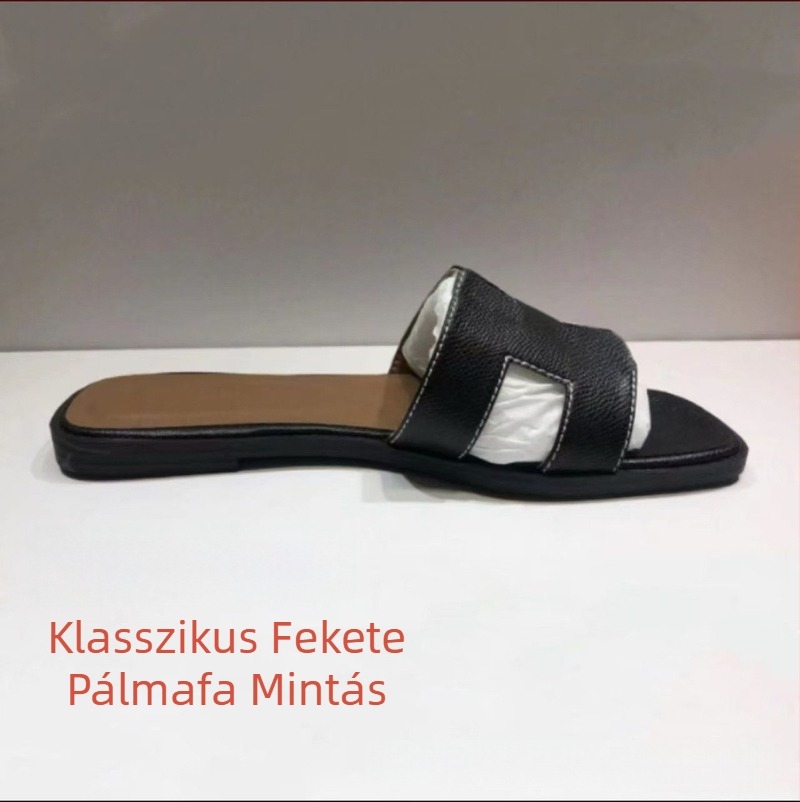 Női papucs patent bőrrel, egypántos, mindennapi lapos talpú