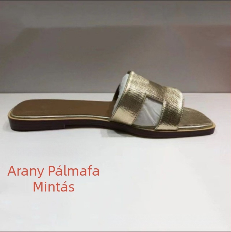 Női papucs patent bőrrel, egypántos, mindennapi lapos talpú