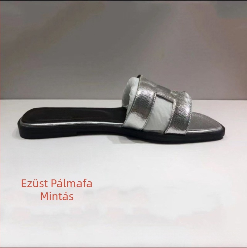 Női papucs patent bőrrel, egypántos, mindennapi lapos talpú