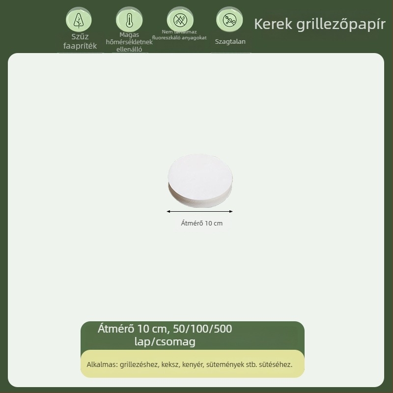 Kerek, élelmiszer-minőségű sütőpapír szilikon bevonattal, zsírt és olajat felszívó, egyszer használatos grillpapír
