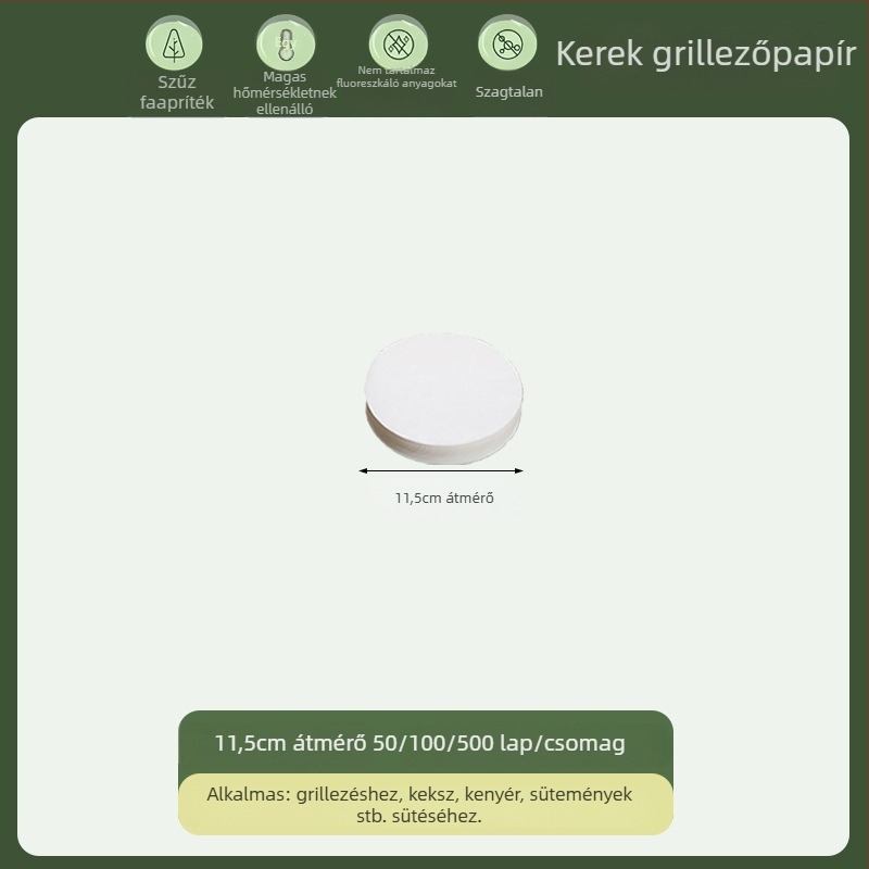 Kerek, élelmiszer-minőségű sütőpapír szilikon bevonattal, zsírt és olajat felszívó, egyszer használatos grillpapír