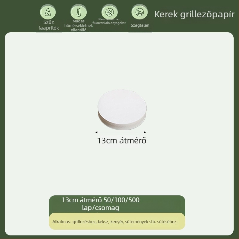 Kerek, élelmiszer-minőségű sütőpapír szilikon bevonattal, zsírt és olajat felszívó, egyszer használatos grillpapír