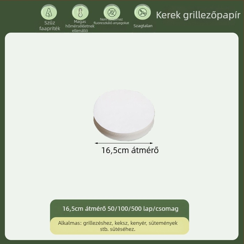 Kerek, élelmiszer-minőségű sütőpapír szilikon bevonattal, zsírt és olajat felszívó, egyszer használatos grillpapír