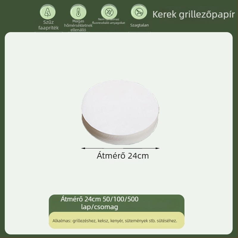 Kerek, élelmiszer-minőségű sütőpapír szilikon bevonattal, zsírt és olajat felszívó, egyszer használatos grillpapír