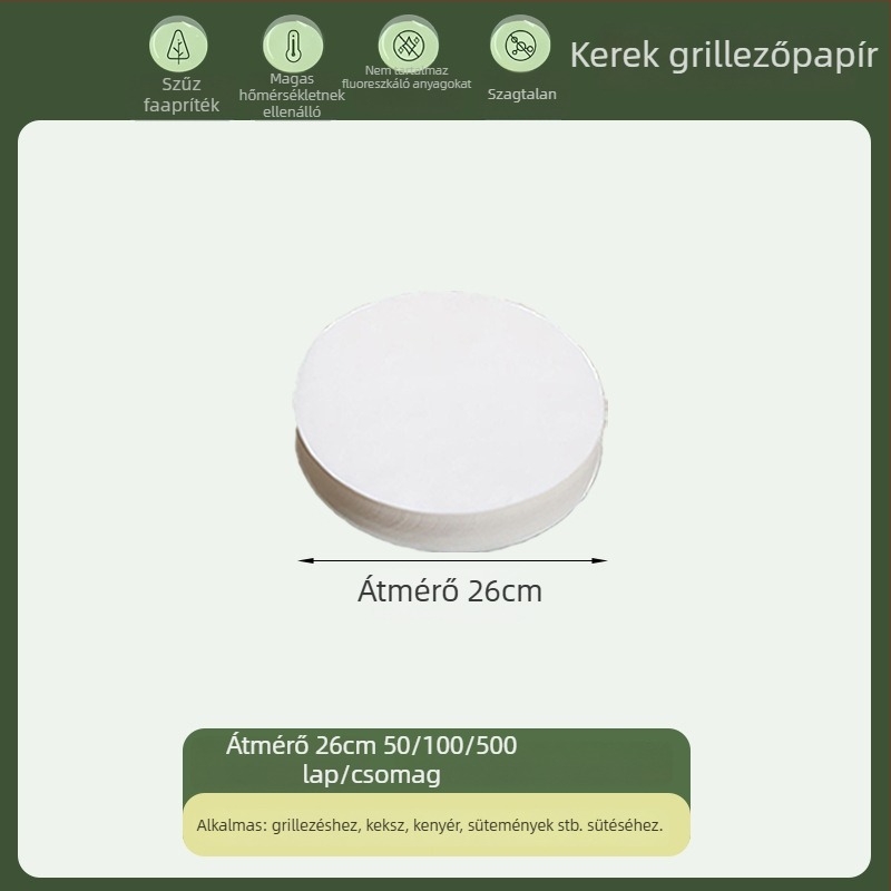 Kerek, élelmiszer-minőségű sütőpapír szilikon bevonattal, zsírt és olajat felszívó, egyszer használatos grillpapír