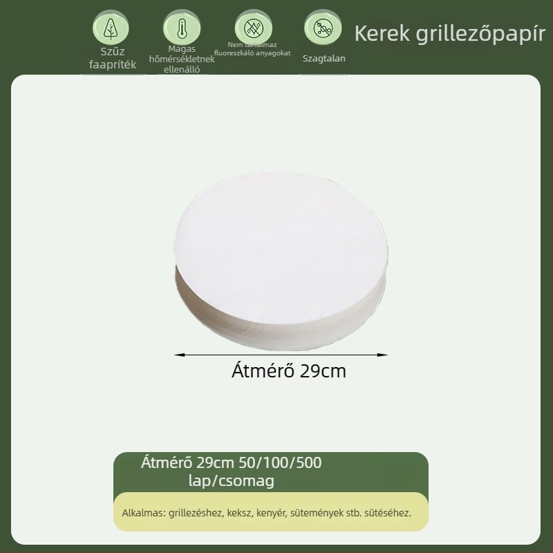 Kerek, élelmiszer-minőségű sütőpapír szilikon bevonattal, zsírt és olajat felszívó, egyszer használatos grillpapír