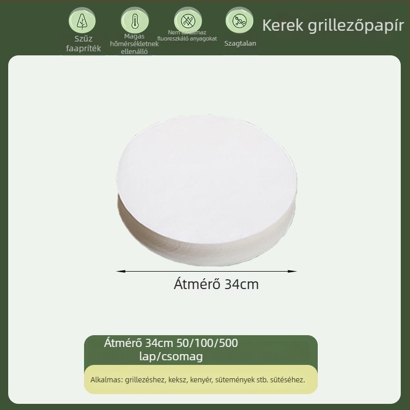 Kerek, élelmiszer-minőségű sütőpapír szilikon bevonattal, zsírt és olajat felszívó, egyszer használatos grillpapír