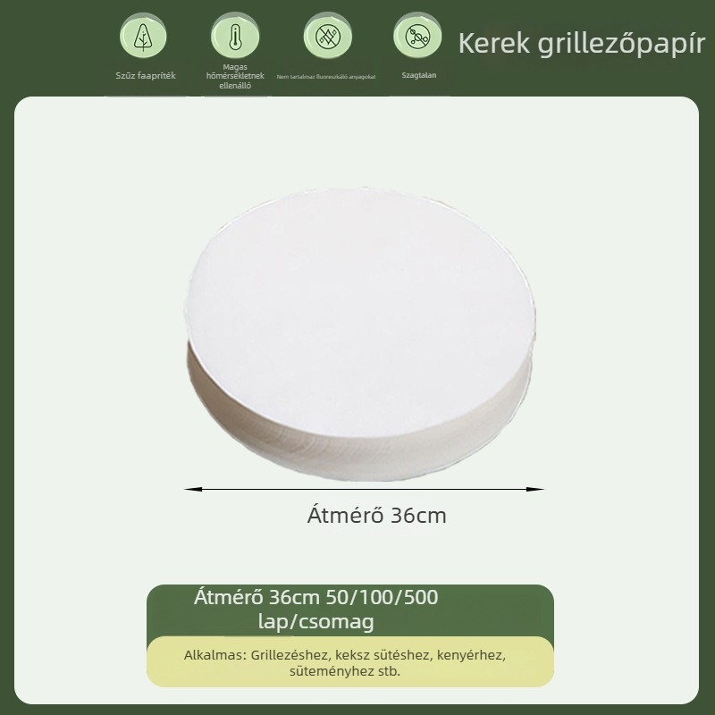 Kerek, élelmiszer-minőségű sütőpapír szilikon bevonattal, zsírt és olajat felszívó, egyszer használatos grillpapír