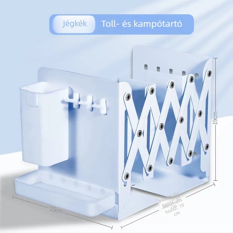Többcélú kihúzható asztali szervező tolltartóval, akasztókkal, tároló dobozzal, levehető perforált táblával és bővíthető könyvtartóval