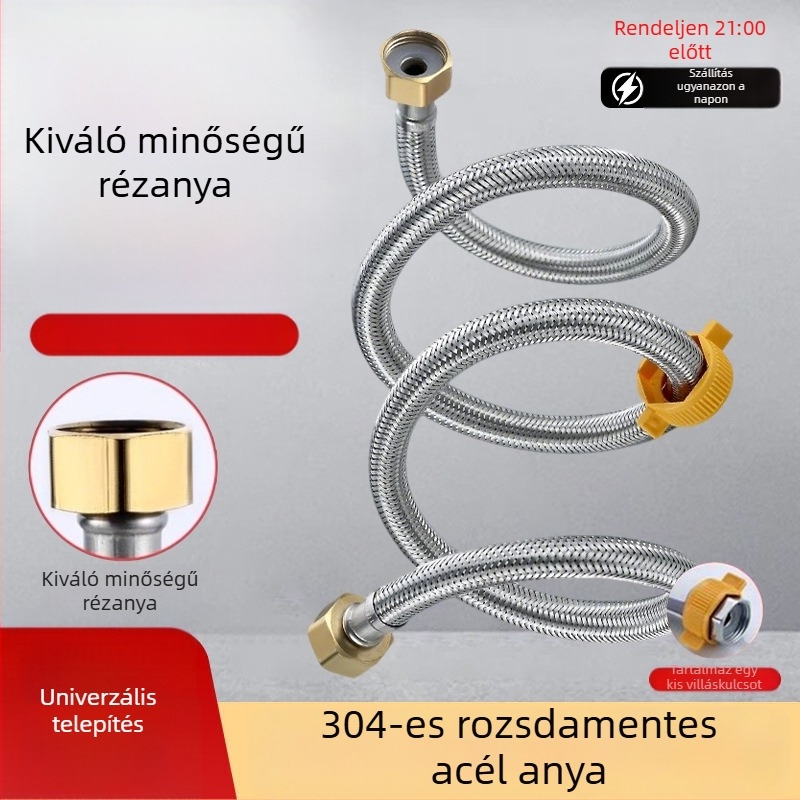 304 rozsdamentes acélból készült páncélozott cső, vastított réz fejjel, forró és hideg víz beömlőcsőhöz, WC- és bojler-csatlakozás, 1/2 hüvelyk