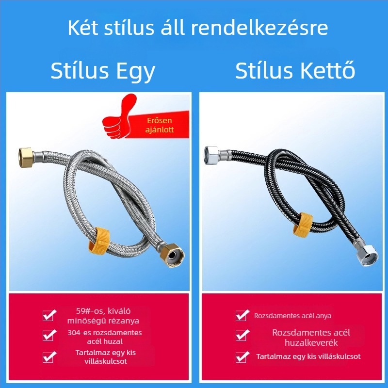 304 rozsdamentes acélból készült páncélozott cső, vastított réz fejjel, forró és hideg víz beömlőcsőhöz, WC- és bojler-csatlakozás, 1/2 hüvelyk