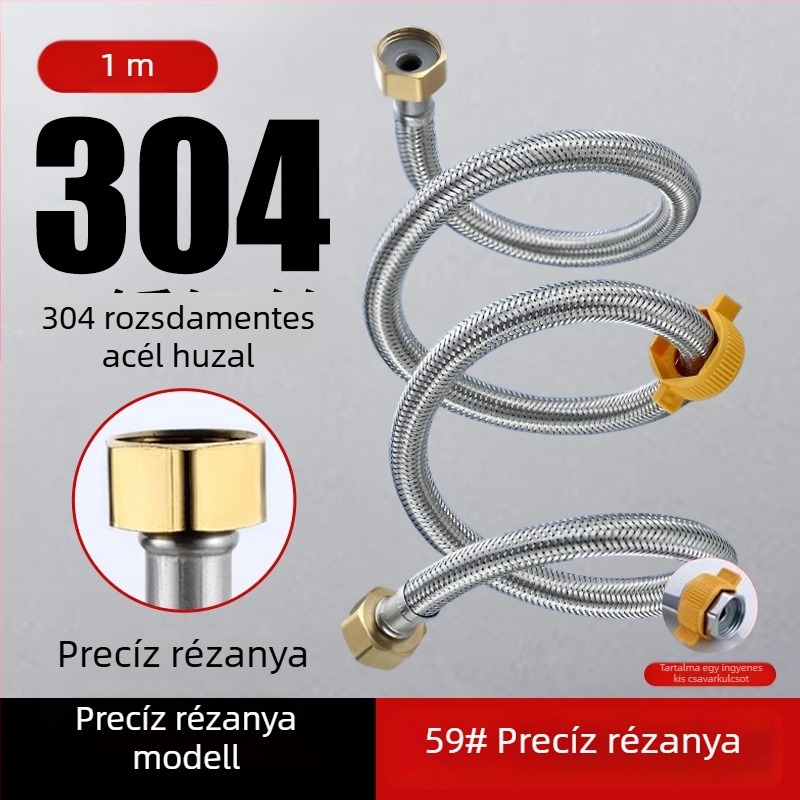 304 rozsdamentes acélból készült páncélozott cső, vastított réz fejjel, forró és hideg víz beömlőcsőhöz, WC- és bojler-csatlakozás, 1/2 hüvelyk
