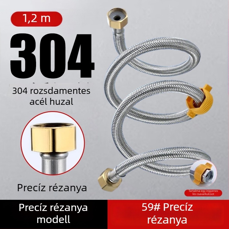 304 rozsdamentes acélból készült páncélozott cső, vastított réz fejjel, forró és hideg víz beömlőcsőhöz, WC- és bojler-csatlakozás, 1/2 hüvelyk