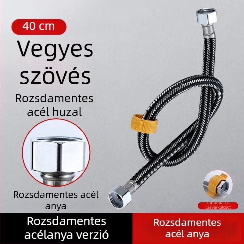 304 rozsdamentes acélból készült páncélozott cső, vastított réz fejjel, forró és hideg víz beömlőcsőhöz, WC- és bojler-csatlakozás, 1/2 hüvelyk