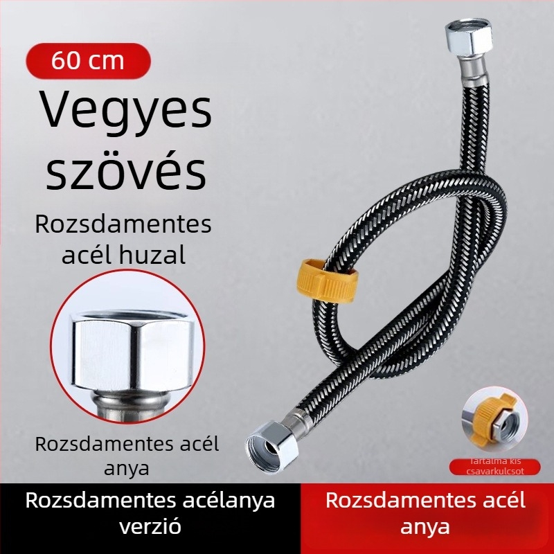 304 rozsdamentes acélból készült páncélozott cső, vastított réz fejjel, forró és hideg víz beömlőcsőhöz, WC- és bojler-csatlakozás, 1/2 hüvelyk