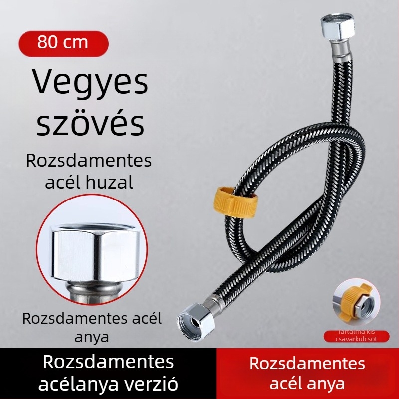 304 rozsdamentes acélból készült páncélozott cső, vastított réz fejjel, forró és hideg víz beömlőcsőhöz, WC- és bojler-csatlakozás, 1/2 hüvelyk