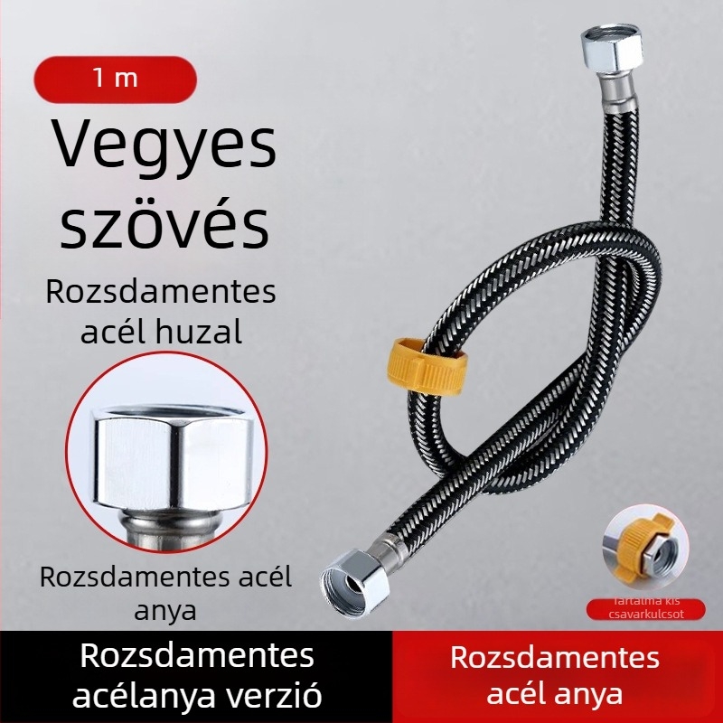 304 rozsdamentes acélból készült páncélozott cső, vastított réz fejjel, forró és hideg víz beömlőcsőhöz, WC- és bojler-csatlakozás, 1/2 hüvelyk
