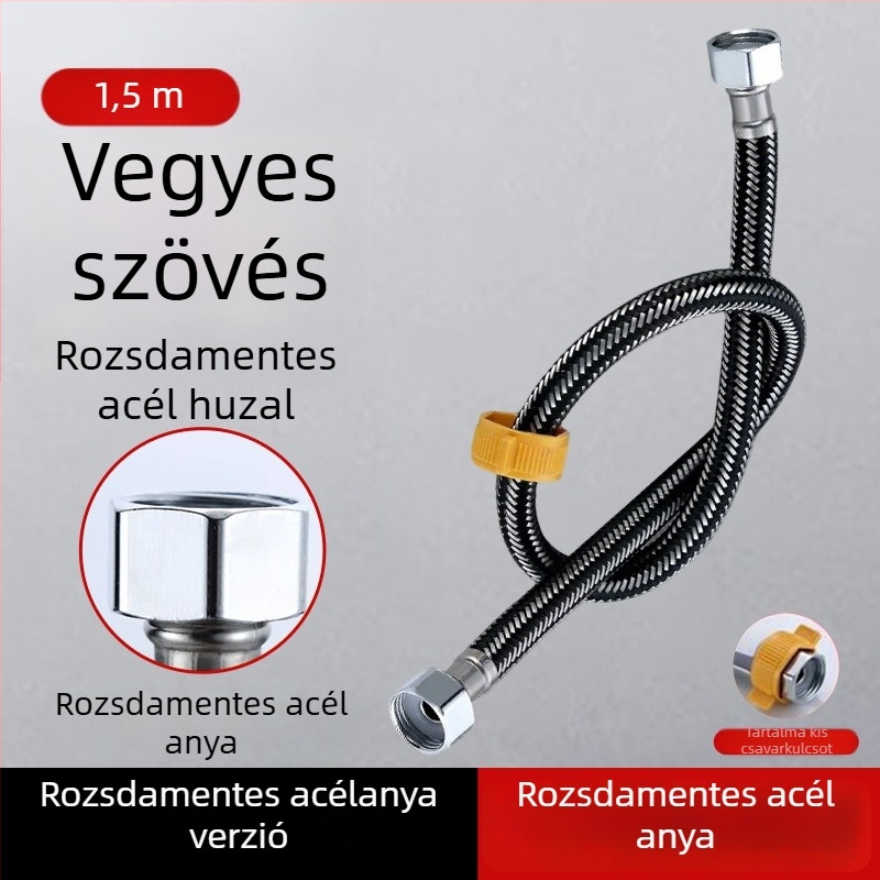 304 rozsdamentes acélból készült páncélozott cső, vastított réz fejjel, forró és hideg víz beömlőcsőhöz, WC- és bojler-csatlakozás, 1/2 hüvelyk