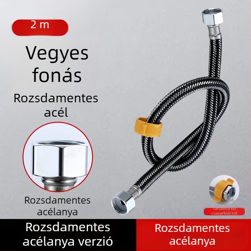 304 rozsdamentes acélból készült páncélozott cső, vastított réz fejjel, forró és hideg víz beömlőcsőhöz, WC- és bojler-csatlakozás, 1/2 hüvelyk