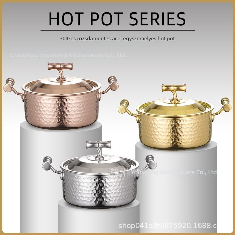 304 rozsdamentes acélból készült egyszemélyes mini hot pot fedővel, 16 cm, 2,1–4 L, háromrétegű aljzattal