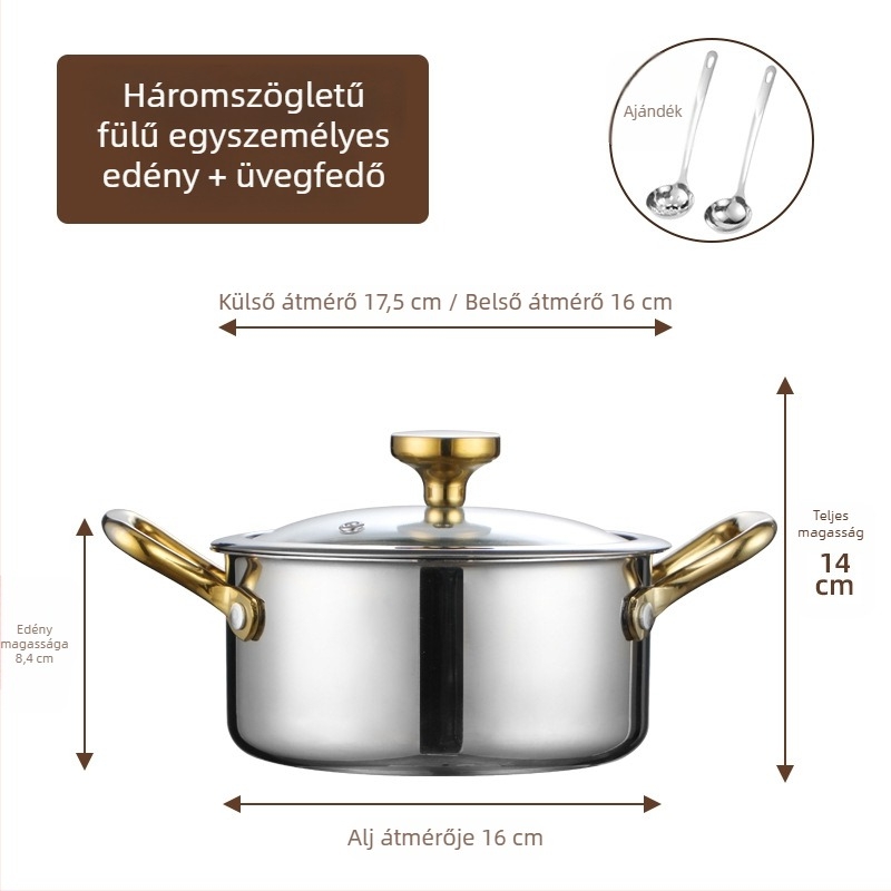 304 rozsdamentes acélból készült egyszemélyes mini hot pot fedővel, 16 cm, 2,1–4 L, háromrétegű aljzattal