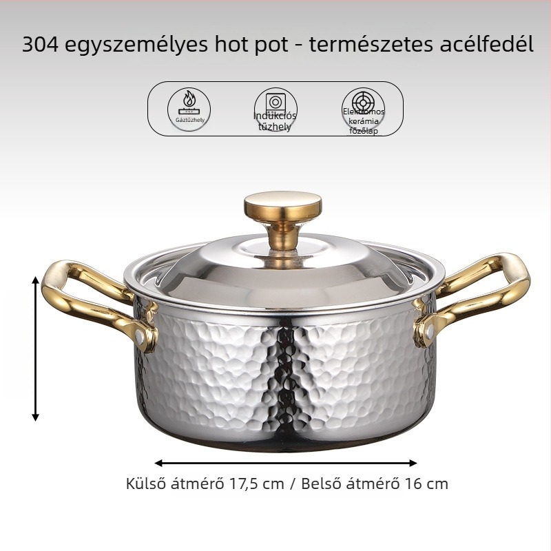 304 rozsdamentes acélból készült egyszemélyes mini hot pot fedővel, 16 cm, 2,1–4 L, háromrétegű aljzattal