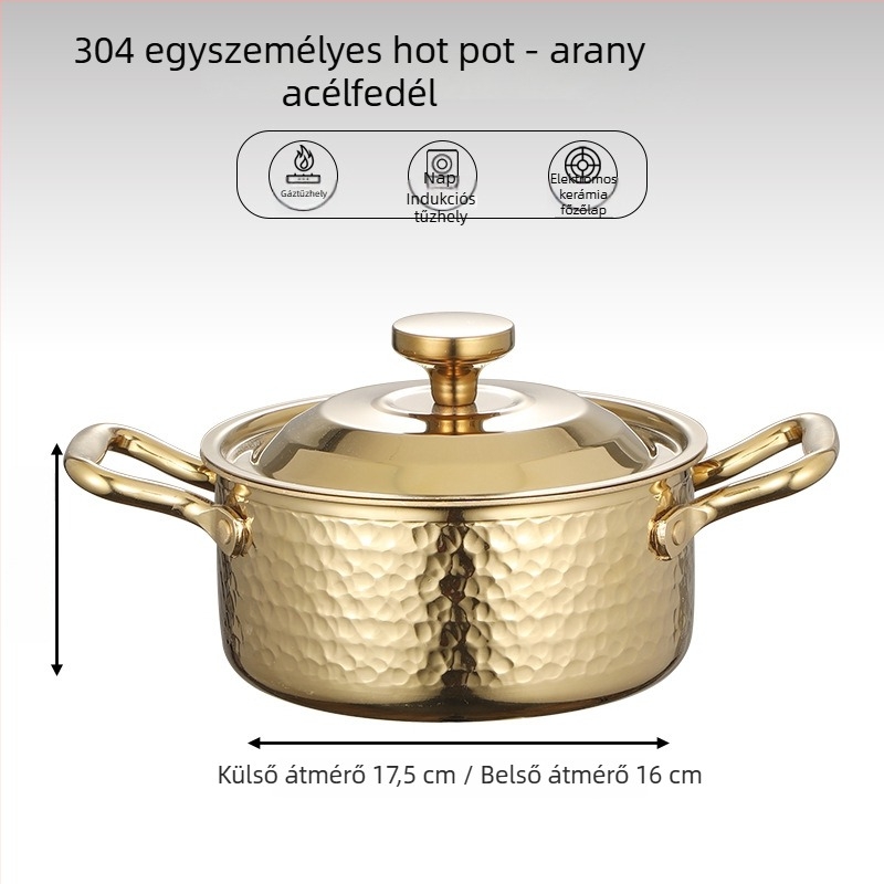 304 rozsdamentes acélból készült egyszemélyes mini hot pot fedővel, 16 cm, 2,1–4 L, háromrétegű aljzattal