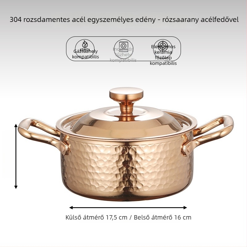 304 rozsdamentes acélból készült egyszemélyes mini hot pot fedővel, 16 cm, 2,1–4 L, háromrétegű aljzattal