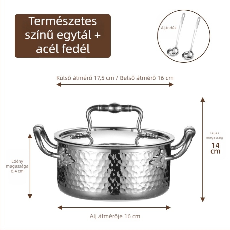 304 rozsdamentes acélból készült egyszemélyes mini hot pot fedővel, 16 cm, 2,1–4 L, háromrétegű aljzattal
