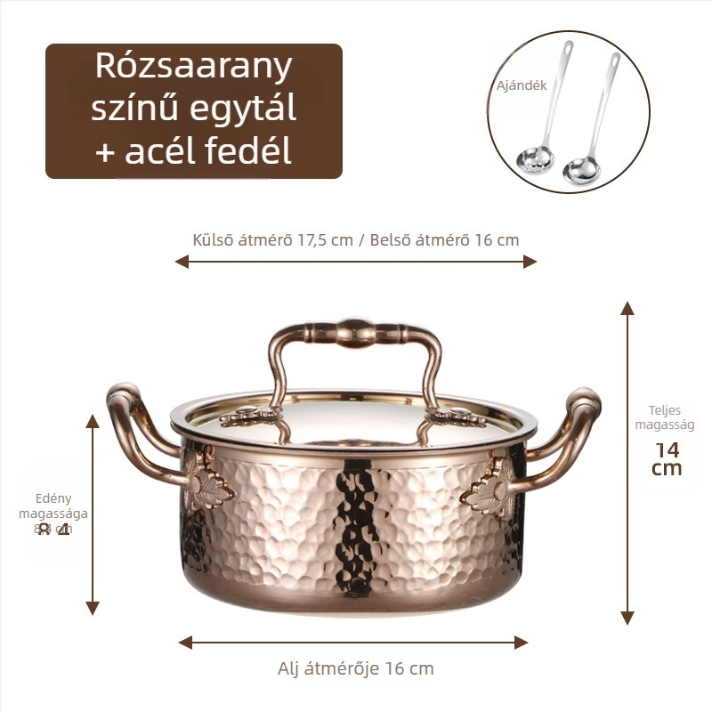 304 rozsdamentes acélból készült egyszemélyes mini hot pot fedővel, 16 cm, 2,1–4 L, háromrétegű aljzattal