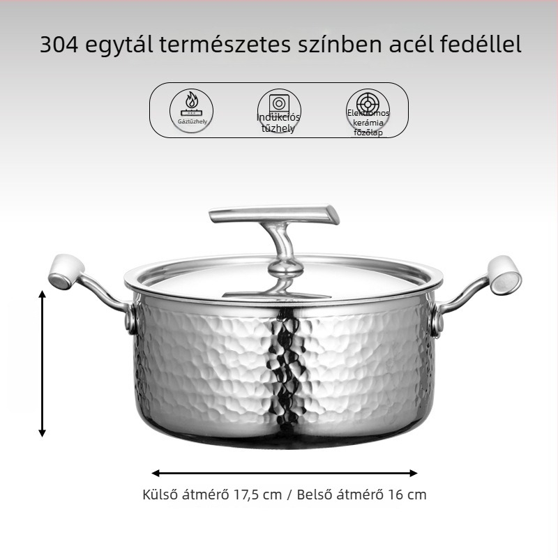 304 rozsdamentes acélból készült egyszemélyes mini hot pot fedővel, 16 cm, 2,1–4 L, háromrétegű aljzattal