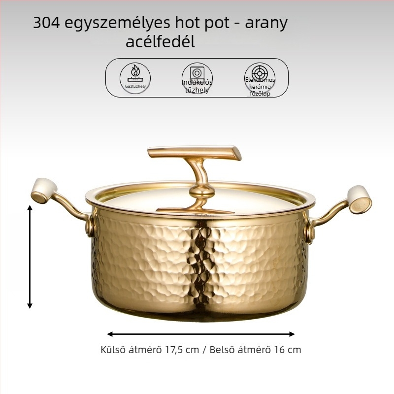 304 rozsdamentes acélból készült egyszemélyes mini hot pot fedővel, 16 cm, 2,1–4 L, háromrétegű aljzattal