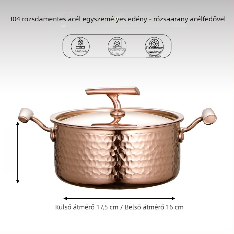 304 rozsdamentes acélból készült egyszemélyes mini hot pot fedővel, 16 cm, 2,1–4 L, háromrétegű aljzattal