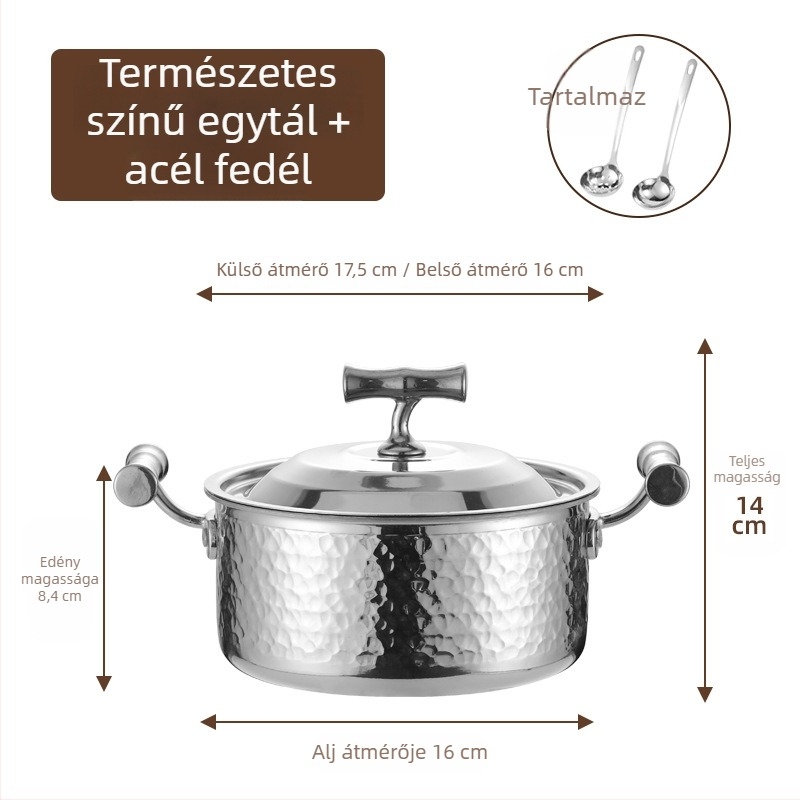 304 rozsdamentes acélból készült egyszemélyes mini hot pot fedővel, 16 cm, 2,1–4 L, háromrétegű aljzattal