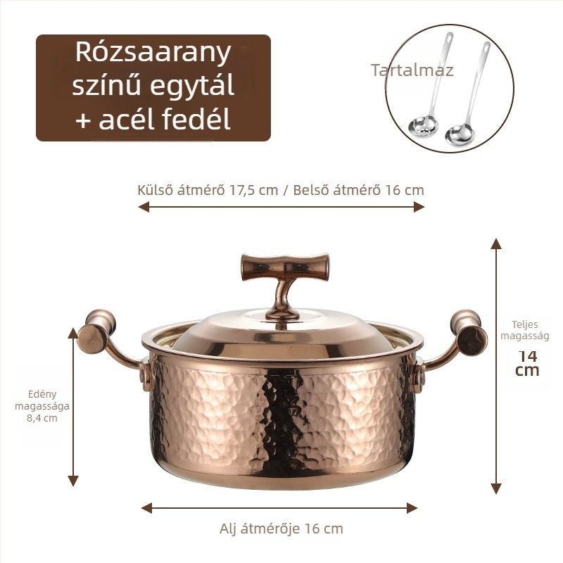 304 rozsdamentes acélból készült egyszemélyes mini hot pot fedővel, 16 cm, 2,1–4 L, háromrétegű aljzattal