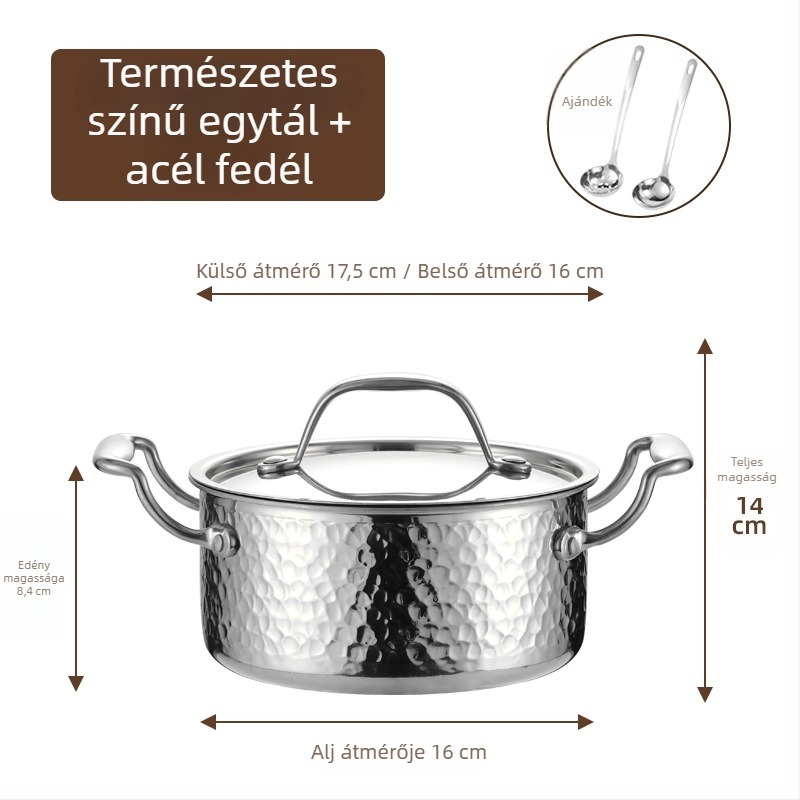 304 rozsdamentes acélból készült egyszemélyes mini hot pot fedővel, 16 cm, 2,1–4 L, háromrétegű aljzattal