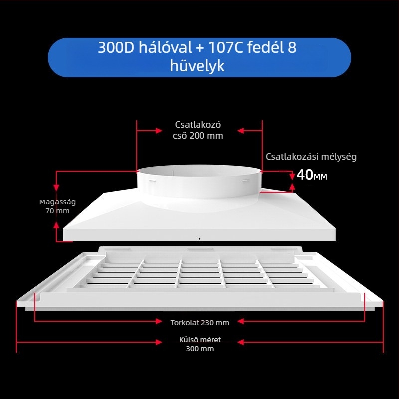 ABS műanyag rács központi klímaberendezéshez, légterelő diffúzor, 300×300 mm