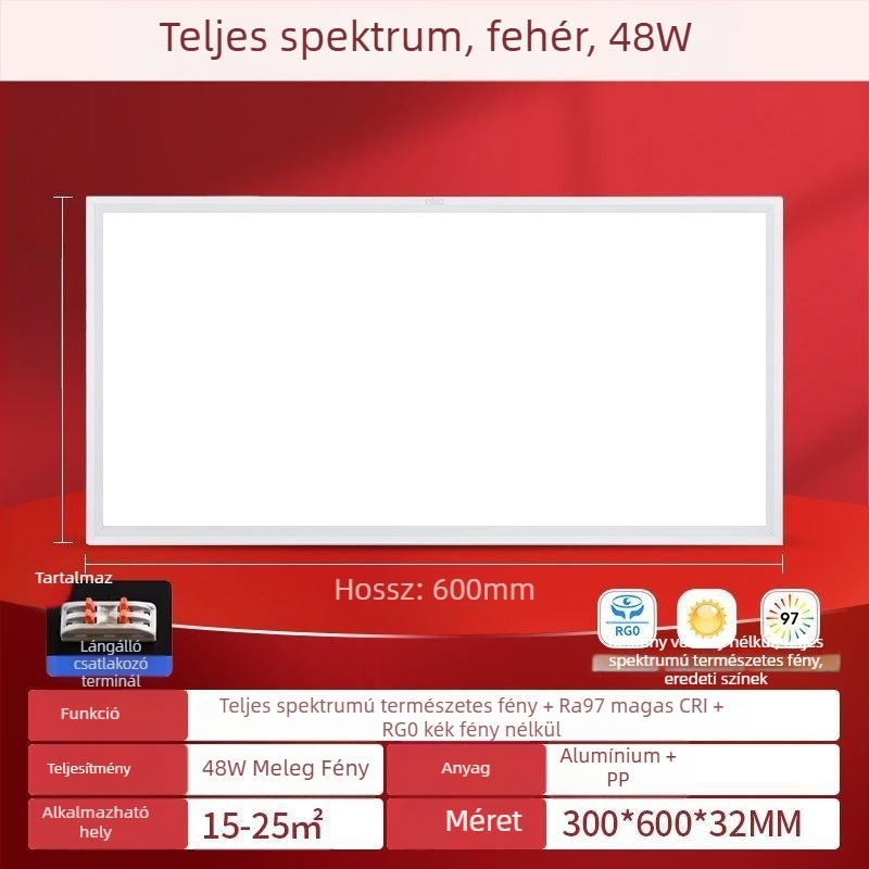 LED síkpanel lámpa 600×600, teljes spektrum, alumínium mennyezeti panel lámpa irodának, konyhának és fürdőszobának